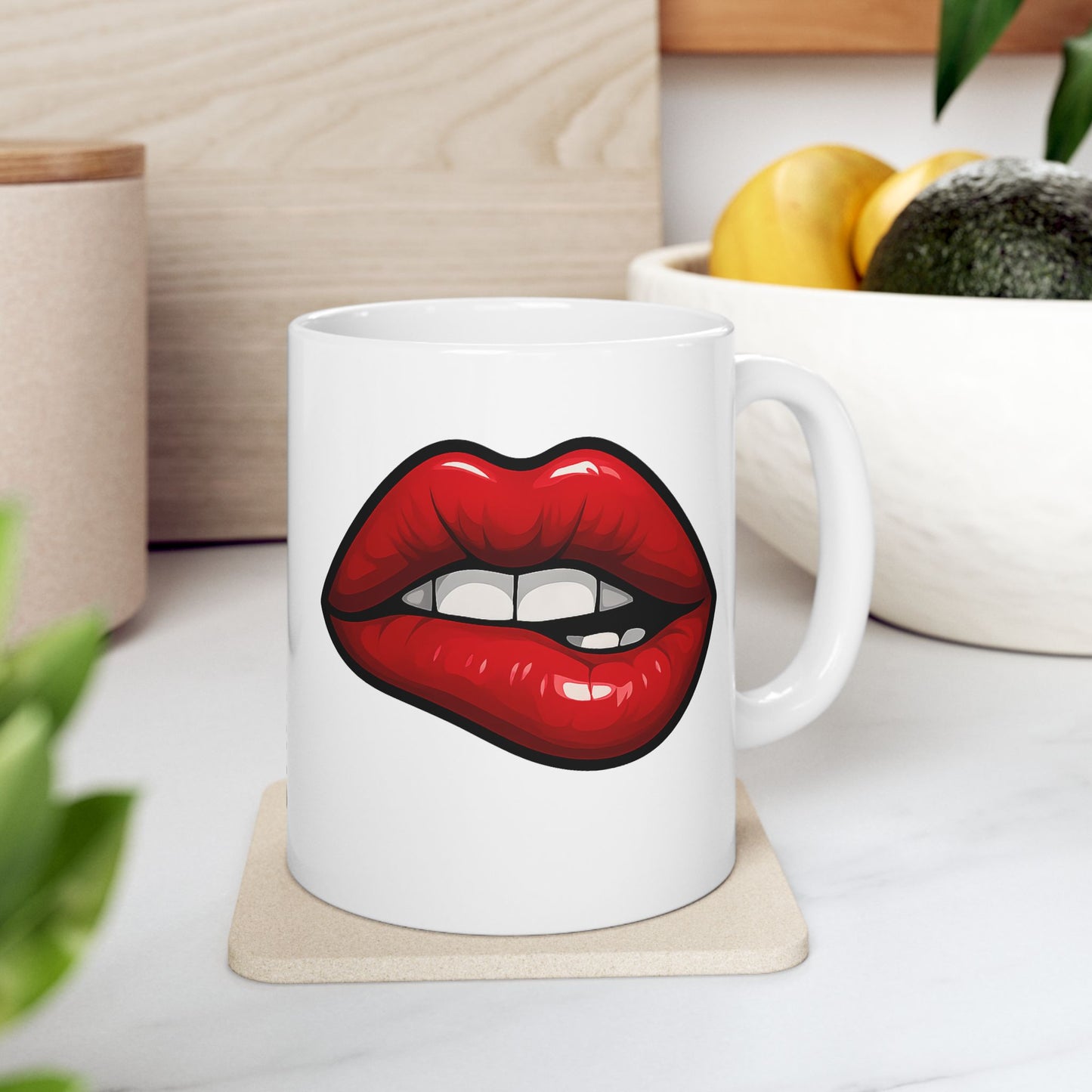 Lip Bite Coffee Mug – Quirky Coffee Cup, Selfie Prop, Unique Gift (11oz & 15oz)