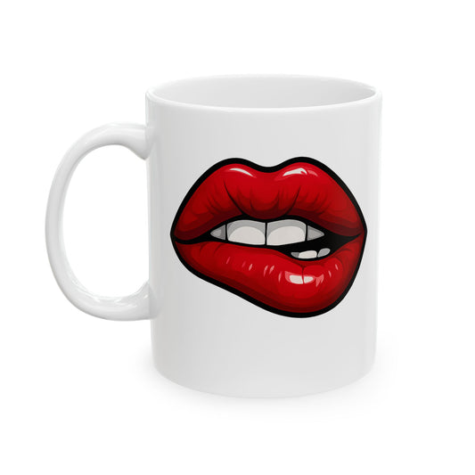 Lip Bite Coffee Mug – Quirky Coffee Cup, Selfie Prop, Unique Gift (11oz & 15oz)